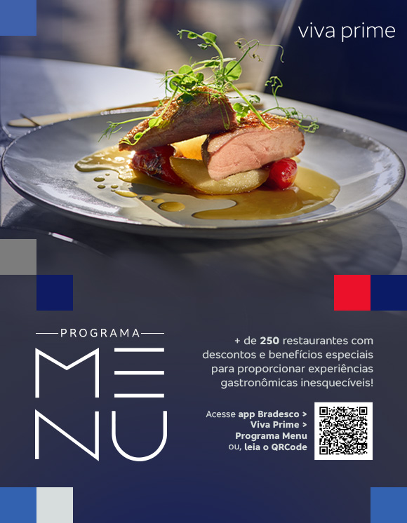 #BradescoAcessivel #ParaTodoMundoVer: PROGRAMA MENUTexto: Viva Prime. + de 250 restaurantes com descontos e benefícios especiais para proporcionar experiências gastronômicas inesquecíveis! Acesse app Bradesco › Viva Prime › Programa Menu ou, leia o QRCode.Imagem: Banner permeado nas extremidades por elementos quadrados nos tons de azul, vermelho e cinza. Em destaque, observamos a imagem de um prato de cerâmica com batatas, tomates, corte de carne e uma hortaliça sobrepostos, ao lado a haste de uma taça sob uma bancada de mármore. Do lado esquerdo lemos: Programa Menu e do lado direito lemos: Viva Prime + de 250 restaurantes com descontos e benefícios especiais para proporcionar experiências gastronômicas inesquecíveis! Acesse app Bradesco › Viva Prime › Programa Menu ou, leia o QRCode e no canto inferior direito, um QR Code.
              